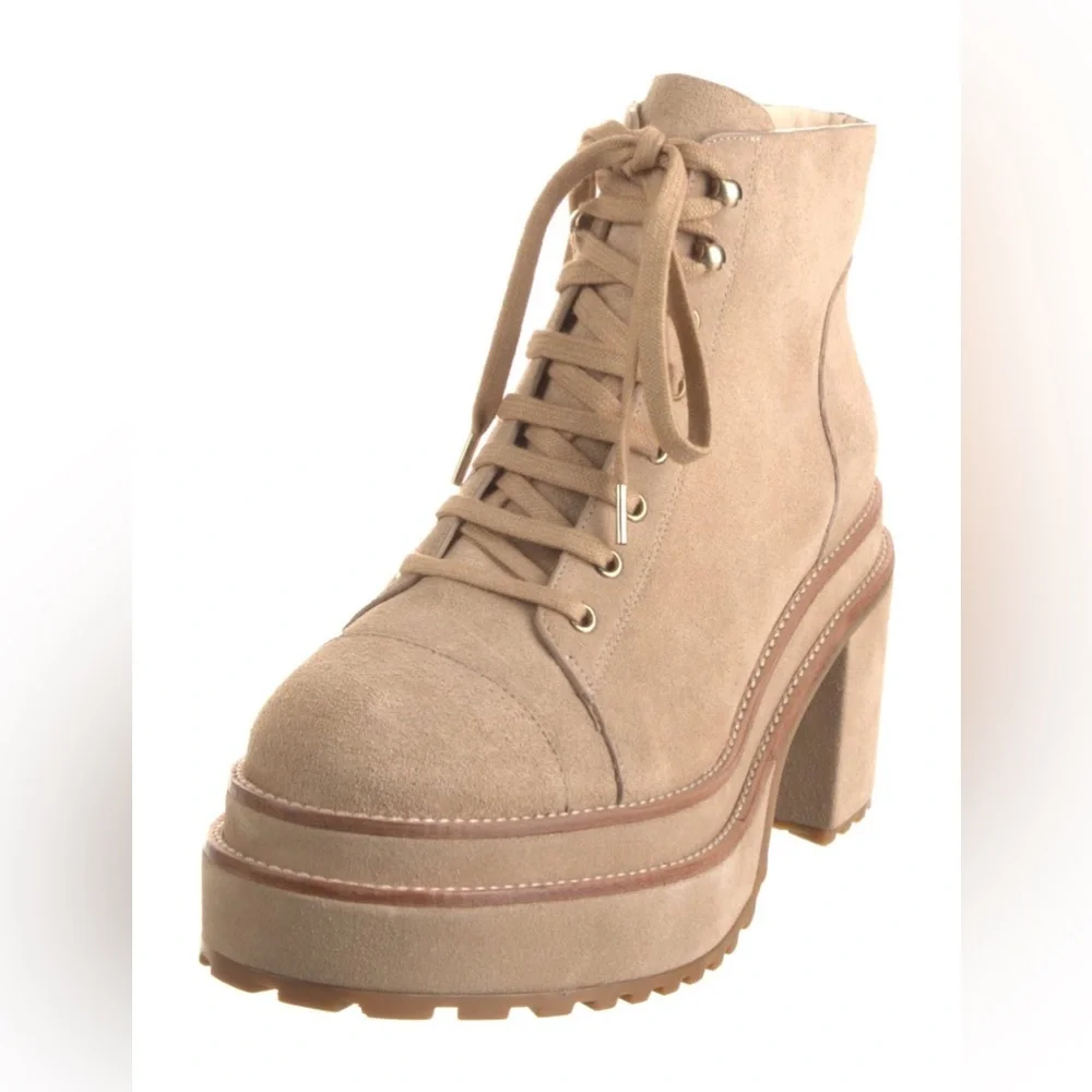 Cult Gaia Suede Platform Lace Up Ankle Combat Block Heel Leather Booties Tan
